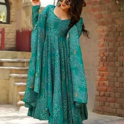 srejaipue Pack of 3 Women Bandhani Pure Cotton Anarkali Kurta With Attached Dupatta image 4