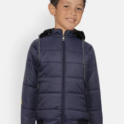 GAME BEGINS Boys Navy Blue Solid Bomber Jacket with Detachable Hood image 1