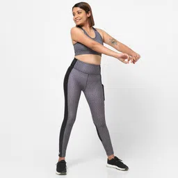 Women Gym Leggings Polyester With Phone Pocket Grey Black-image-44