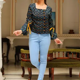 YASH GALLERY Floral Printed Square Neck Bell Sleeve Top image 5