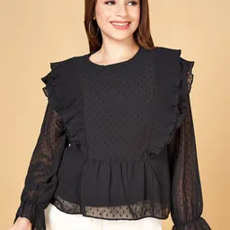 Honey by Pantaloons Self Design Round Neck Cuffed Sleeves Ruffled Regular Top-picture-20