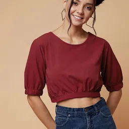 CHIMPAAANZEE Women Maroon Styled Back Crop Top image 1
