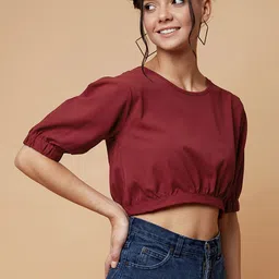 CHIMPAAANZEE Women Maroon Styled Back Crop Top image 3