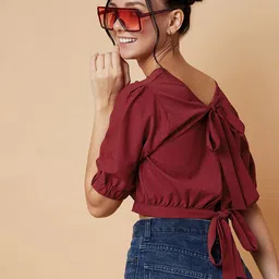 CHIMPAAANZEE Women Maroon Styled Back Crop Top image 5