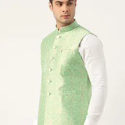 Manyavar Men Green & Golden Woven Design Jacquard Nehru Jacket image 3