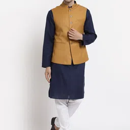 MOHANLAL SONS Men Navy Blue Pure Cotton Kurta with Churidar With Nehru Jacket-image-0