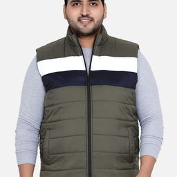 John Pride Plus Size Men Olive Green & White Colourblocked Quilted Jacket-picture-38