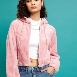 Tokyo Talkies Fur Detail Hooded Crop Tailored Jacket image 1