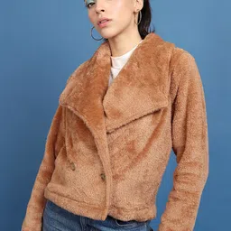 Tokyo Talkies Brown Lapel Collar Open Front Jacket With Faur Fux Trim Detail image 1