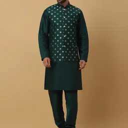 KRAFT INDIA Mandarin Collar Kurta With Churidar & Nehru Jacket image 1