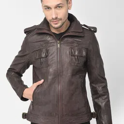 Woodland Men Maroon Water Resistant Leather Jacket-picture-31