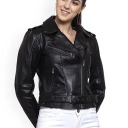 BEAVER Long Sleeves Lapel Collar Lightweight Crop Biker Jacket image 1
