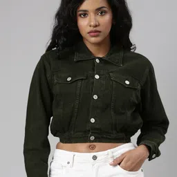 SHOWOFF Spread Collar Long Sleeve Windcheater Crop Denim Jacket-image-10