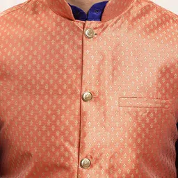 SOJANYA Men Blue & Coral Orange Solid Kurta with Churidar & Nehru Jacket image 2