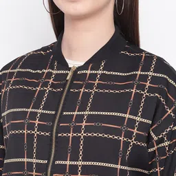 Marie Claire Women Black & Gold-Toned Checked Bomber Jacket image 5