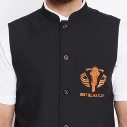 even Men Black Solid Woven Nehru Jacket image 5