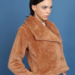 Tokyo Talkies Brown Lapel Collar Open Front Jacket With Faur Fux Trim Detail image 3