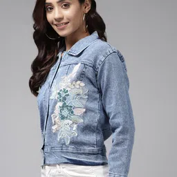 BAESD Embellished Sequinned Washed Crop Denim Jacket image 3