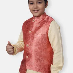 NAMASKAR Boys Peach-Coloured Printed Pure Silk Woven Nehru Jacket image 5