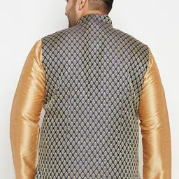 VASTRAMAY Men Navy Blue & Gold Coloured Woven Design Nehru Jacket image 5