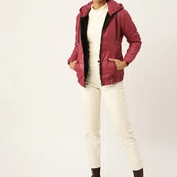 DressBerry Maroon Long Sleeves Nylon Hooded Padded Jacket image 2