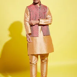 VASTRAMAY Boys Maroon & Gold-Coloured Woven Design Slim-Fit Nehru Jacket image 2