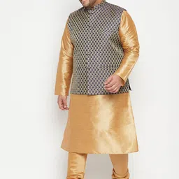 VASTRAMAY Men Navy Blue & Gold Coloured Woven Design Nehru Jacket image 3