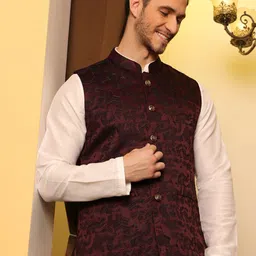 House of Pataudi Jacquard Woven Design Nehru Jacket-image-62