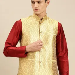 here&now x sanwara Sanwara Men Yellow Printed Regular Fit Woven Nehru Jackets image 2