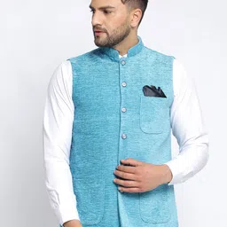 KLOTTHE Men Blue Textured Woven Nehru Jackets-image-18