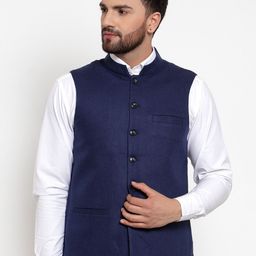 NEUDIS Men Blue Solid Wool Nehru Jackets-picture-4