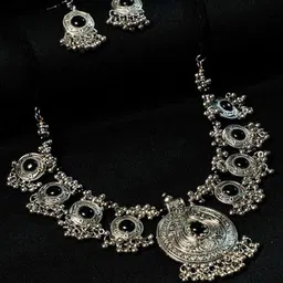Oxidized Heaven Sterling Silver- Plated Stone Studded & Beaded Jewellery Set image 1