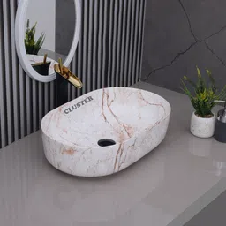 cluster Designer Matt Finish Over Counter Wash Basin For Bathroom, Hotel & Restaurants | Oblong Shaped (550 x 350 x 145 mm) | Glossy White And Brown Scraches Table Top Basin image 1