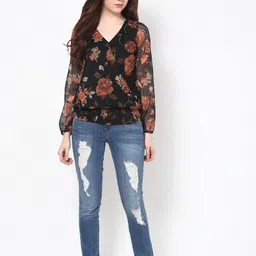 harpa Casual Regular Sleeves Floral Print Women Black Top image 5