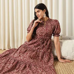 sv suveena Women Fit and Flare Maroon Midi/Calf Length Dress image 3