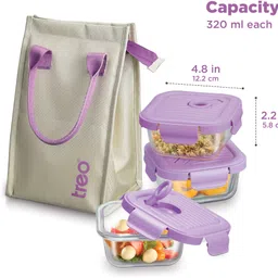 treo Lumino Fresh Square Borosilicate Glass Tiffin Box Set of 3, Purple 320 ml each 3 Containers Lunch Box image 3