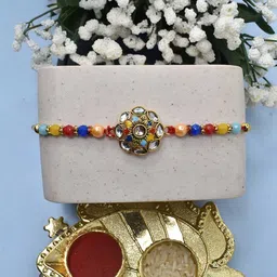 MEIRA JEWELLERY Set Of 2 Designer Kundan-Studded Rakhis With Greeting Card & Roli Chawal image 2