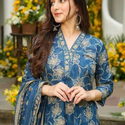 GoSriKi Women Floral Printed Regular Kurta with Palazzos & With Dupatta image 5