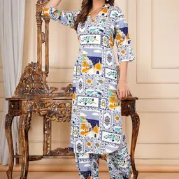 Dhibha Floral Printed V-Neck Straight Three-Quarter Sleeves Kurta With Trouser image 3