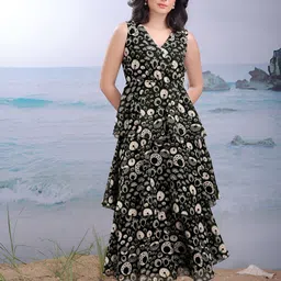 PURVAJA Women Geometric Printed Layered Georgette Fit & Flare Maxi Dress-image-68