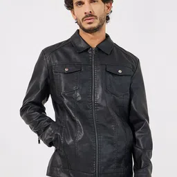 Styli Men Faux Leather Collared Utility Zip Up Jacket image 1