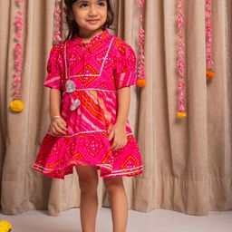 Budding Bees Girls Printed Tie-Up Neck Cotton Fit & Flare Dress-picture-43