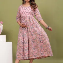Style Heaven Women Pink Floral Printed Gotta Patti Pure Cotton Maternity Angrakha Kurti image 2