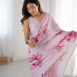 CANIZZARO Floral Printed Mirror Work Embellished Saree image 3