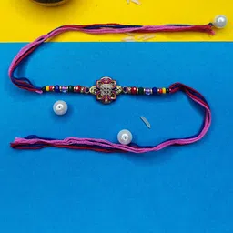 ORANGENYSHA Set Of 3 American Diamonds Studded & Beaded Meenakari Thread Rakhis image 3