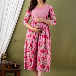 MURLI KURTI Floral Printed Round Neck Maternity Fit & Flare Cotton Ethnic Dress-image-91