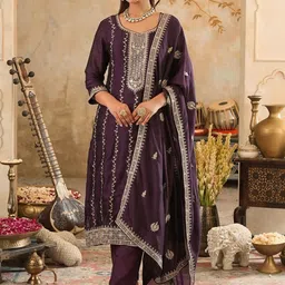 Indo Era Women Ethnic Motifs Embroidered Regular Thread Work Kurta with Trousers & With Dupatta image 3