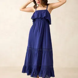 Virgio Women Solid Cotton Shoulder Straps Fit and Flare Maxi Sleeveless Dress-picture-23