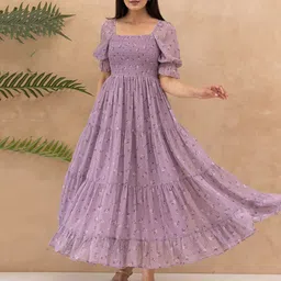 Polago Clothing Women Floral Printed Puff Sleeve Smocked Tiered Georgette Maxi Dress image 1