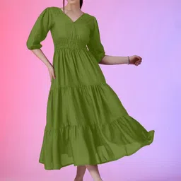 Raiyani Fashion V-Neck Crepe Fit & Flare Tiered Midi Dress-image-61